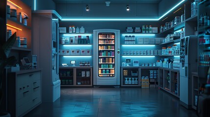 Modern convenience store with blue neon lights.