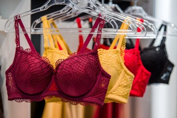 Bras on display in boutique, intricate lace detailing, and colorful variety