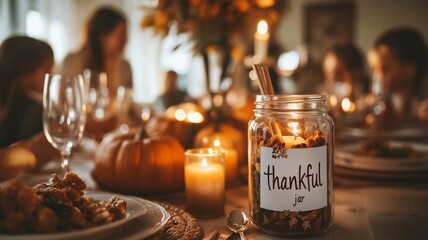 A Thanksgiving Table Setting with a Thankful Jar