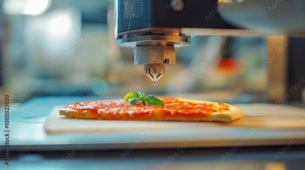 Poster robotic arm adding topping to pizza