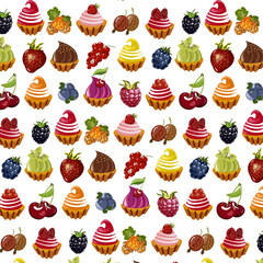 Pattern with berries and cakes.Seamless vector pattern with berries and cakes on a transparent background.