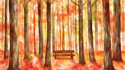 Watercolor Autumn Forest with Bench