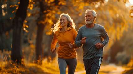 Fototapeta premium Elderly couple running through a vibrant park in autumn