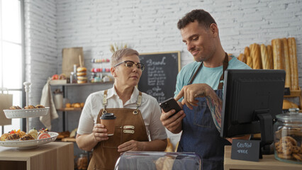 Woman holding coffee and man using phone in bakery shop interior with baked goods display