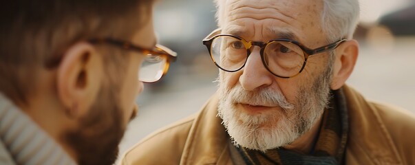 An elderly man with glasses engages in a deep conversation with another person, showcasing expressions of wisdom and understanding.