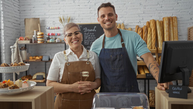 Woman and man smiling in a bakery shop, wearing aprons, standing behind the counter with various pastries and bread displayed, reflecting a cheerful indoor setting