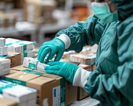 Worker packing boxes in a warehouse.