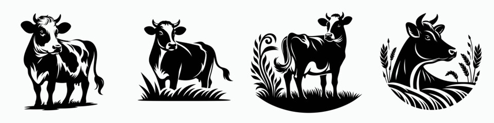 A set of stylized illustrations of cows in various poses, emphasizing their features and surroundings in a minimalist black-and-white design.