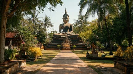 Fototapeta premium The grand Buddha statue at Wat Sala Loi, surrounded by peaceful gardens.