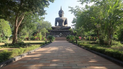 The grand Buddha statue at Wat Sala Loi, surrounded by peaceful gardens.