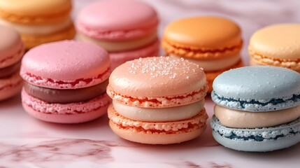 Obraz premium Assortment of Delectable French Macarons in Variety of Pastel Shades Arranged on Pink Background. Premium Handmade Artisanal Dessert Pastries Displayed in Flat Lay Photography.