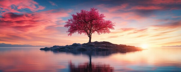 Obraz premium Solitary pink tree on an island with a vibrant sunset, serene landscape. Nature's tranquility and solitude concept