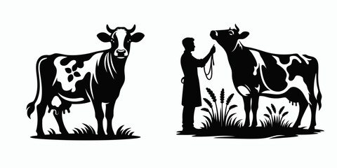 Two stylized silhouettes of cows, one standing and the other being attended by a person, amidst grass, highlighting agricultural themes.