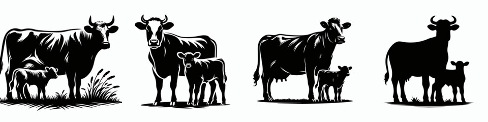 Fototapeta premium The image features black silhouettes of cows and calves grouped together, showcasing their form and familial bonds.