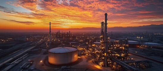 Industrial Oil Refinery at Sunset with Dramatic Sky and Vibrant Colors