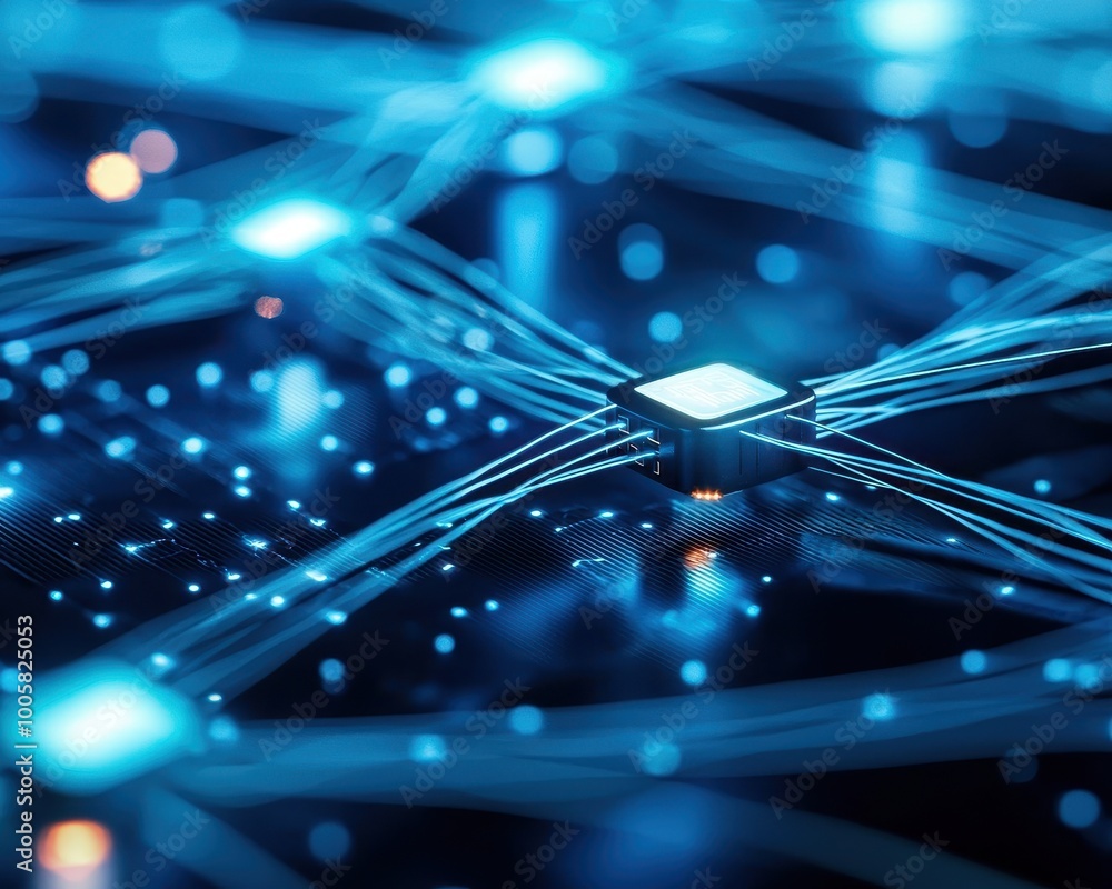Poster a vibrant close-up of a microchip surrounded by luminous circuitry, representing advanced technology