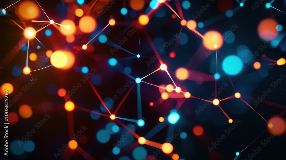 Poster a vibrant, abstract depiction of interconnected nodes and glowing particles against a dark backgroun