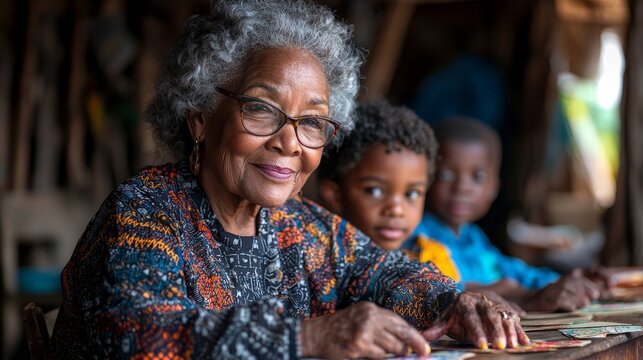An elderly woman smiles warmly with two children in a rustic setting, showcasing connection.