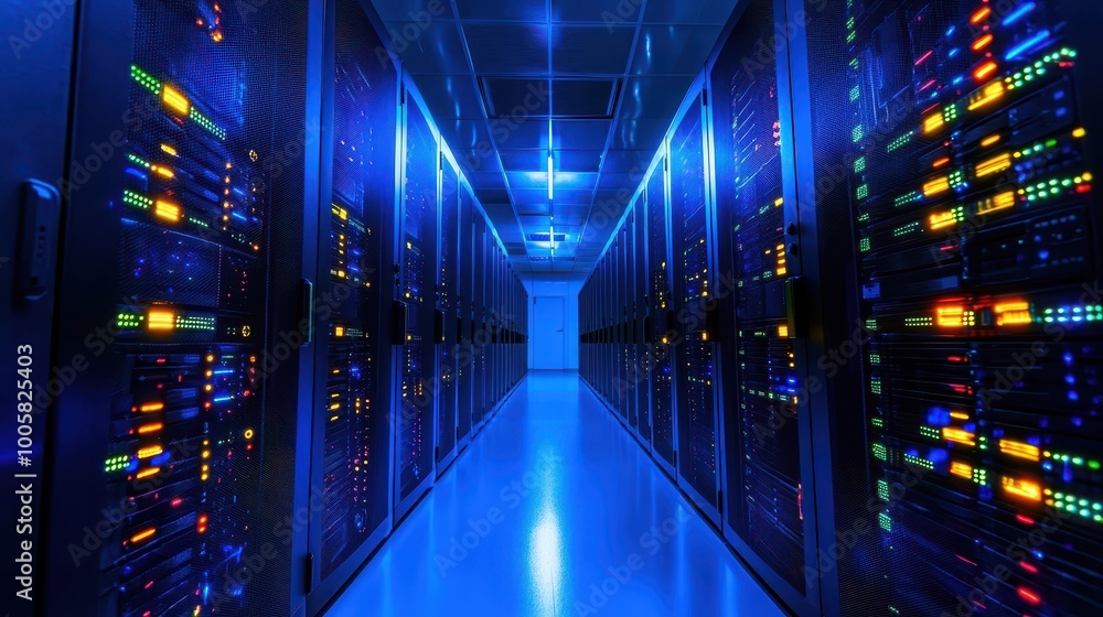 Poster a high-tech server room with illuminated racks, showcasing a futuristic data center environment in b