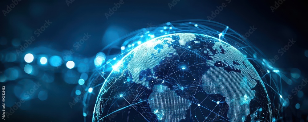 Poster a digital representation of earth with glowing lines and nodes, symbolizing global connectivity and 
