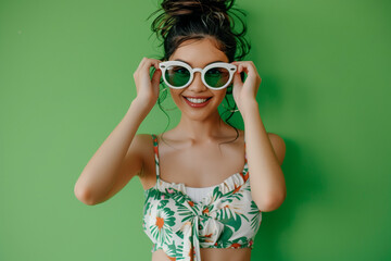 Vibrant fashionable woman smiling in stylish sunglasses on green background trendy outdoor portrait with cheerful expression