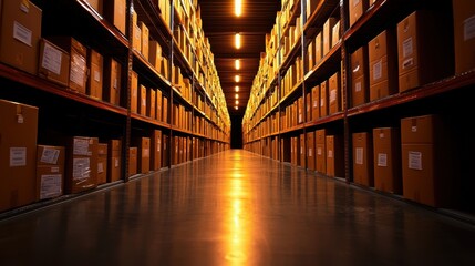 A well-lit warehouse aisle featuring neatly stacked cardboard boxes on shelves, creating a sense of organization and storage efficiency.