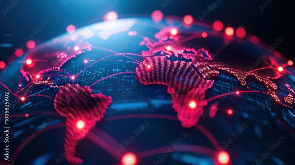 Poster a vibrant digital globe interconnected with glowing lines and nodes, representing global networks an