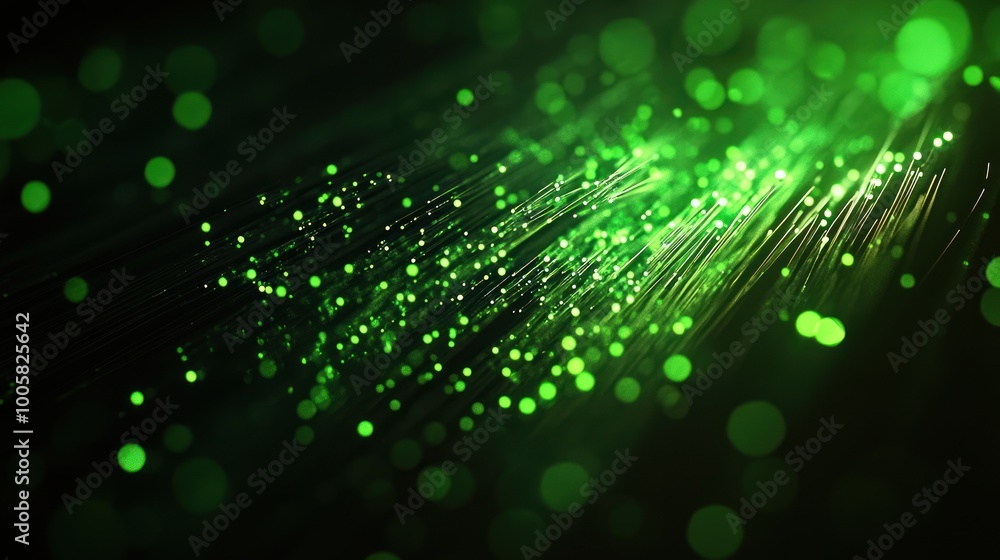 Poster a vibrant display of green light particles and streaks, creating a dynamic visual effect.