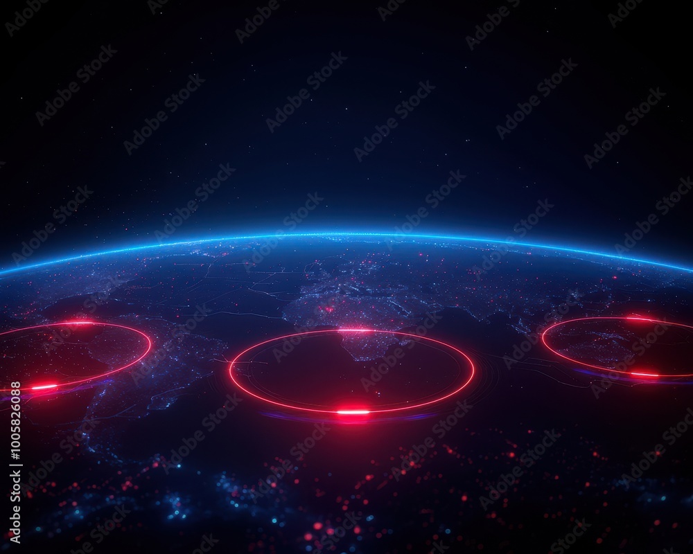 Poster a digital illustration of earth with glowing red and blue circles, representing data points or netwo