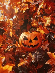 Halloween pumpkin head jack o lantern on autumn leaves background. Halloween concept