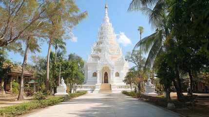 Fototapeta premium The grand white pagoda at Wat Phra That Phanom, a sacred temple near Korat.