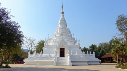 Fototapeta premium The grand white pagoda at Wat Phra That Phanom, a sacred temple near Korat.