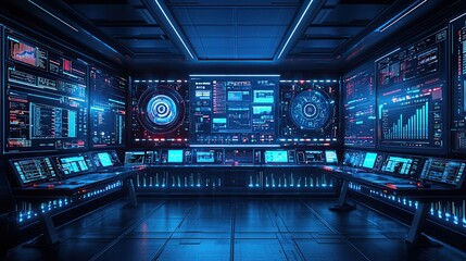 Obraz premium Futuristic control room with glowing blue screens and advanced technology.