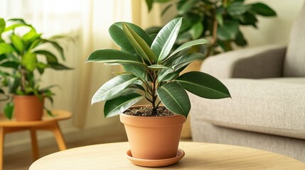 Fototapeta premium Potted rubber plant (Ficus elastica) with broad, shiny leaves. Known for its air-purifying abilities, it adds a touch of greenery to any indoor setting.