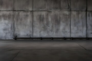 Weathered industrial concrete wall with rust streaks separated from a rough floor by a bold black line, AI Generated