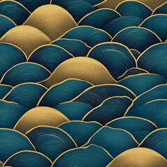Obraz premium Seigaiha seamless pattern with layered wave motifs in rich teal and gold