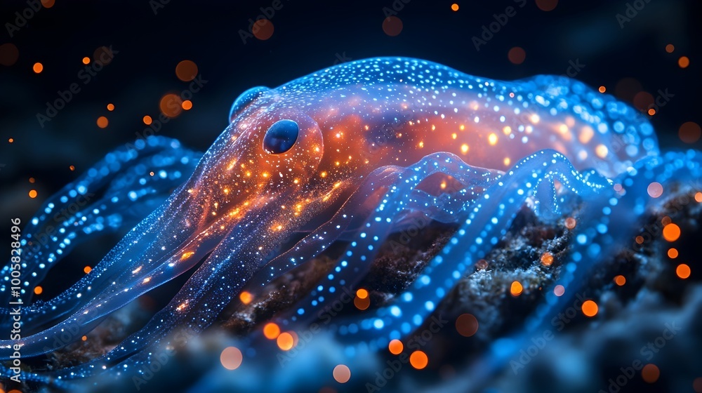 Poster Bioluminescent jellyfish creature glowing with ethereal luminescence in the mysterious dark depths of the ocean.