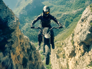Obraz premium A man is riding a motorcycle on a rocky mountain. Concept of adventure and excitement, as the man is performing a stunt on his motorcycle