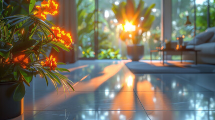 serene indoor space featuring vibrant orange flowers in pot, with sunlight streaming through large windows, casting warm reflections on floor. atmosphere is tranquil and inviting