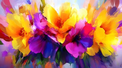 Abstract Oil Painting Flowers  Floral Art  Yellow  Purple  Red  Brushstrokes