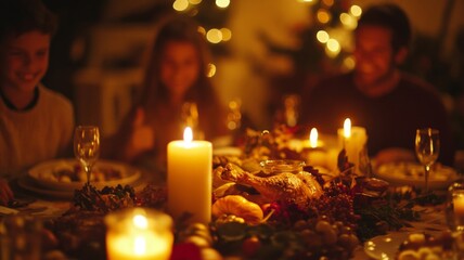 A Festive Thanksgiving Dinner Table with Candlelight and a Roasted Turkey