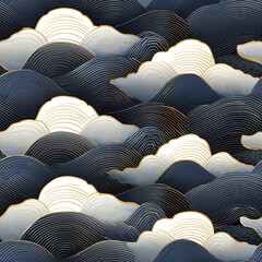 Obraz premium Seigaiha seamless pattern with overlapping wave lines and delicate gold highlights
