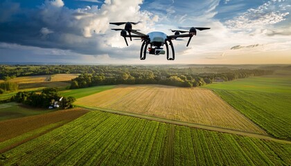 Drone used for agriculture and a farm with green fields, agricultural land