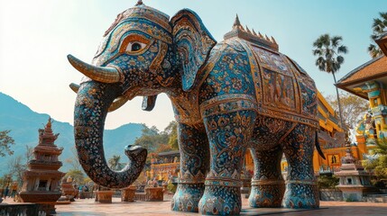The intricate mosaics and sculptures of the giant elephant at Wat Ban Rai under a clear sky.