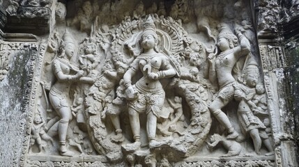 Obraz premium The intricate stone reliefs at Phimai Sanctuary, depicting scenes from Hindu mythology.