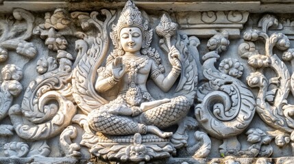 The intricate stone reliefs at Phimai Sanctuary, depicting scenes from Hindu mythology.