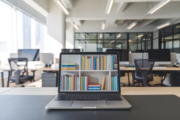 Modern office with laptop, bookshelf, workstations, and natural light