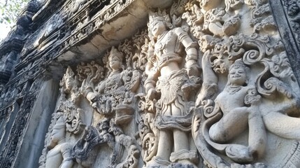 Fototapeta premium The intricate stone reliefs at Phimai Sanctuary, depicting scenes from Hindu mythology.
