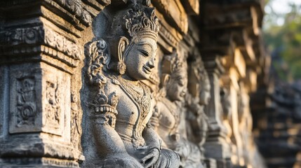 Fototapeta premium The intricate stone reliefs at Phimai Sanctuary, depicting scenes from Hindu mythology.