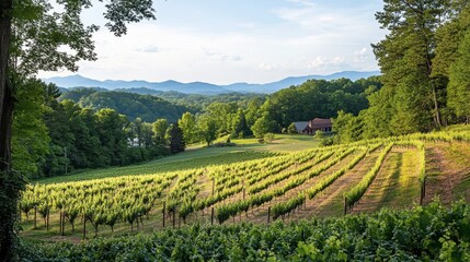 Naklejka premium The lush vineyards at GranMonte Vineyard and Winery, with scenic views of the surrounding mountains.